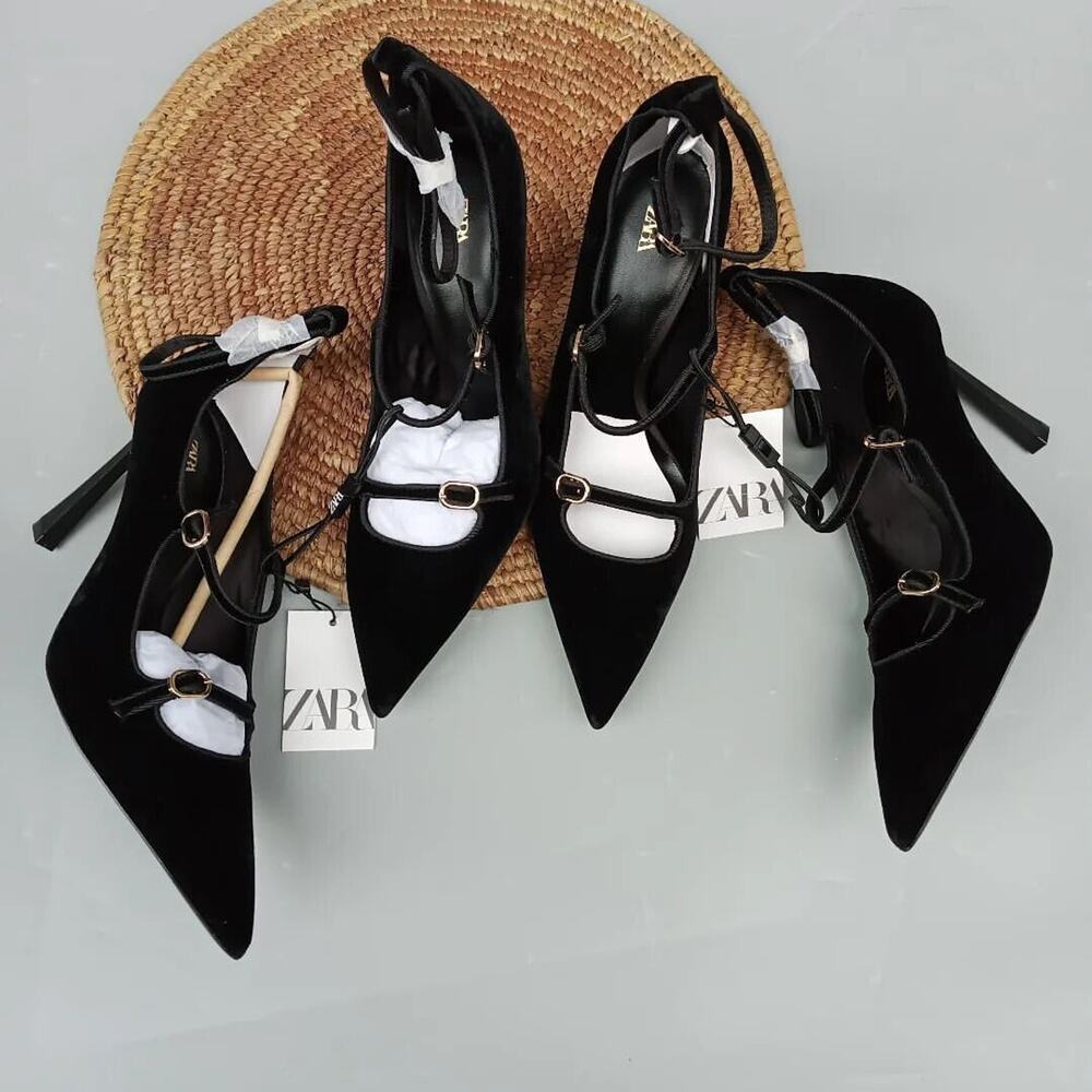 ZARA Velvet Mary Jane Heels NWT Black Pointed Toe Multi Strap Pumps Size 9 - Picture 10 of 16